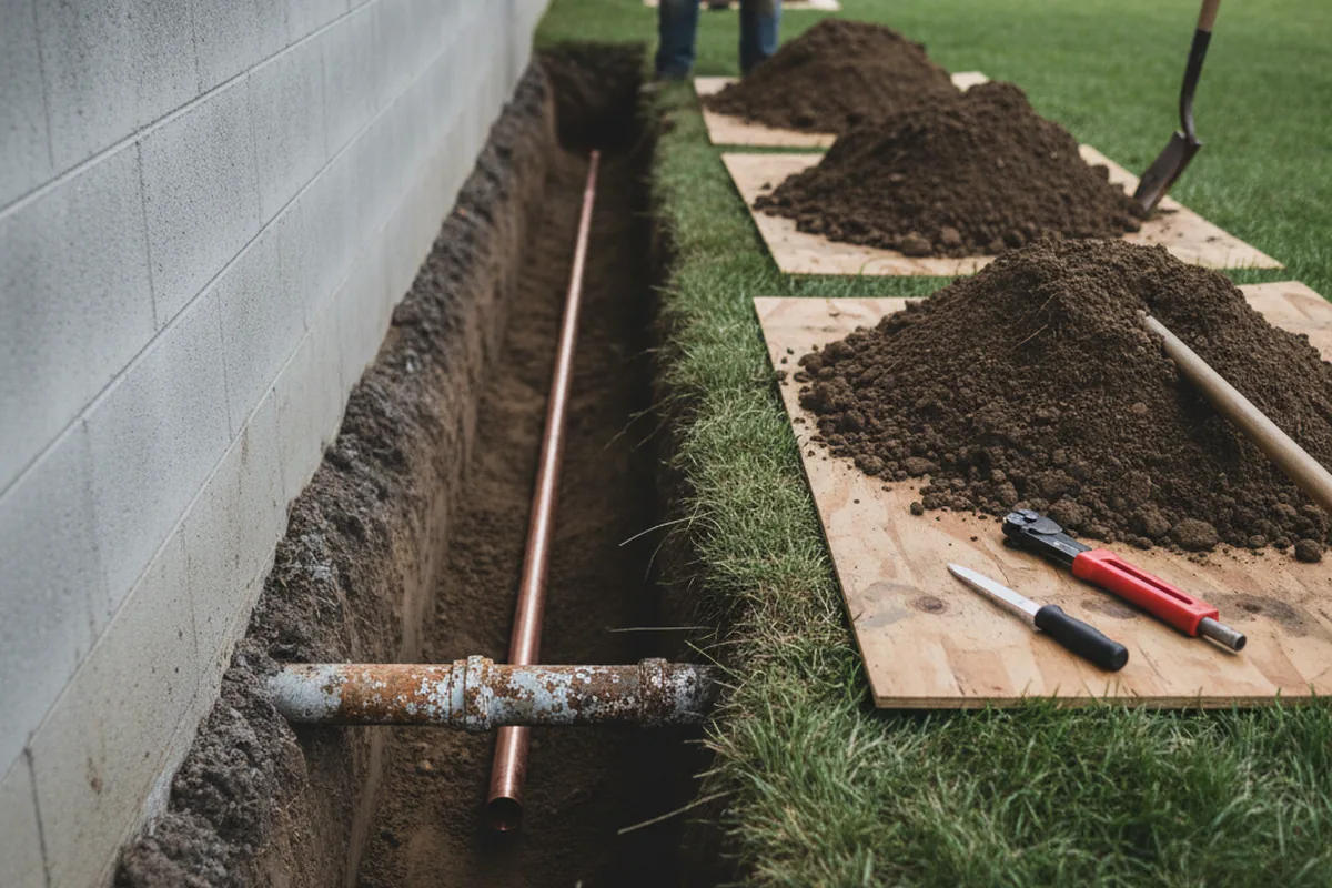Excavated water line trench during Water Softener Installation in Metamora